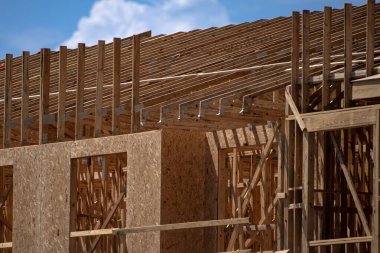 Kereste Kuyusu Evi. Amerika 'da yeni kereste çerçeveli evler inşa etmek. Timber Canadian Log Home ya da OSB Sheathing 'li Timber Finland Log House. Çağdaş ekolojik yapı