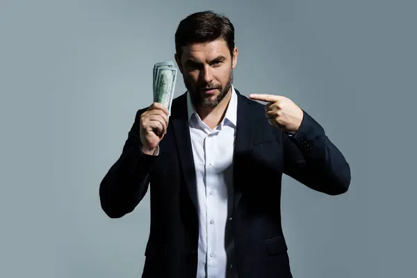 Człowiek Banknotami Dolarowymi Biznesmen Mnóstwem 100 Dolarowych Banknotów Łatwy Kredyt — Zdjęcie stockowe