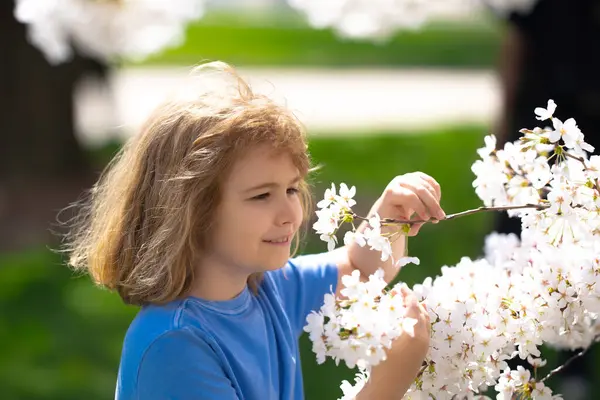 Los Niños Enfrentan Con Flores Primavera Niño Floreciente Jardín Cerezos — Foto de Stock