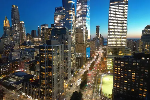 Légi Felvétel Nagyvárosról Éjszaka New Yorkban Night City Panoráma Kilátó — Stock Fotó