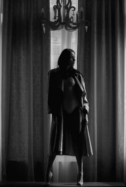 Fashion woman sexy and sensual in luxury apartment posing on window curtains. Seductive sexy lovely attractive young sensual woman with perfect slim body posing on studio background