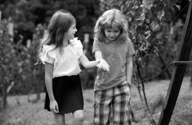 İki çocuk yaz parkında dinleniyor. Erkek ve kız kardeş mutlu bir şekilde doğada yürüyor. Kardeşler bahçede oynuyorlar.