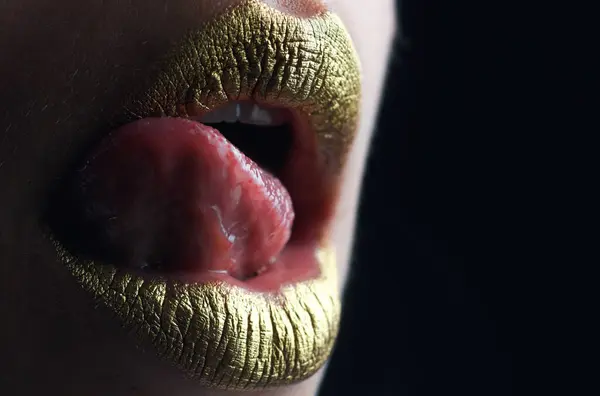 Sexy Tongue Licking Lips Shine Style Sexy Lip Sensual Woman — Stock Photo, Image