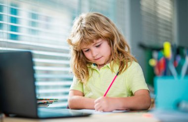 Okulda ödev yazan bir çocuk. Okullu çocuk evdeki dizüstü bilgisayar dersinde deftere not alıyor. Sevimli çocuk ödevini yapıyor. Çocuk öğrenme