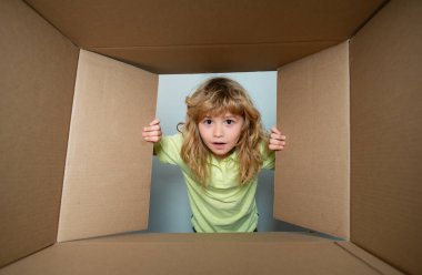 Komik çocuk hediyeyi açıyor ve karton kutunun içine bakıyor. Çocuklar şaşırmış yüz ifadeleri