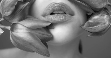 Seksi bir ağız. Şehvetli kadın dudakları kapanır. Şefkatli ve baştan çıkarıcı. Özel fantezi. Kozmetik parlatıcı. Makro dudak. Cinsel, tutkulu ve baştan çıkarıcı bir sembol. Erotik, kışkırtıcı ikon. Baştan çıkarıcı dil.