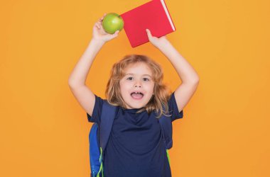 Okul çocukları. İlkokuldan sarı arka planda kitap ve elmayla izole edilmiş bir çocuk. Küçük öğrenci, zeki inek öğrenci çalışmaya hazır. Okula ilk gelişim.