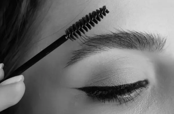 Closeup eyebrows with eyebrow brush. Close up brows, eyebrows lamination. Brow procedures. Long eyelashes, eyebrows, macro