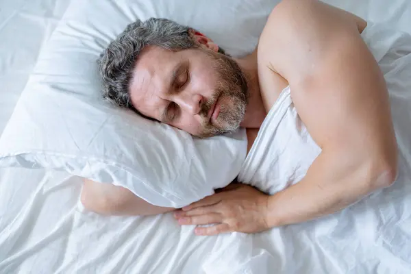 Male Head Pillow Gray Hair Man Sleep White Bed Senior — Stock Photo, Image