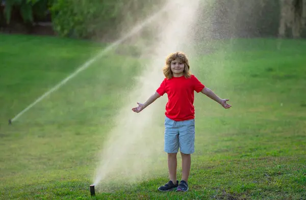 Kids Play Water Hose Sprinkler Watering Grass Garden Summer Garden — Stock Photo, Image
