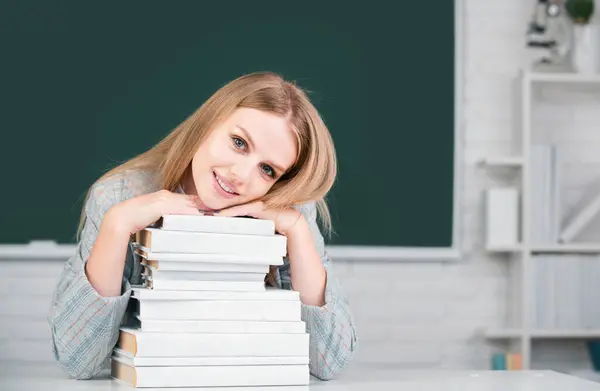 Close Portrait Happy Attractive Young Woman Student Books Blackboard Classroom — Stock Photo, Image