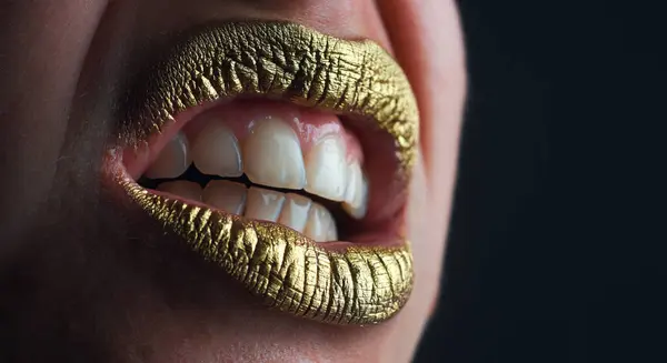 Lippensymbol Mit Goldenem Glitzereffekt Sinnlicher Mund Symbol Des Kusses Aus — Stockfoto