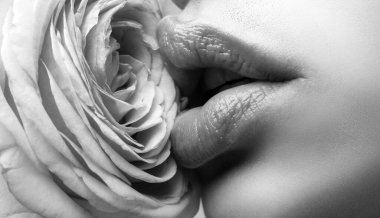 Güzel bir yüz, parlak pembe dudaklar ve yanağında pembe bir gül. Güllü güzel kadın dudakları