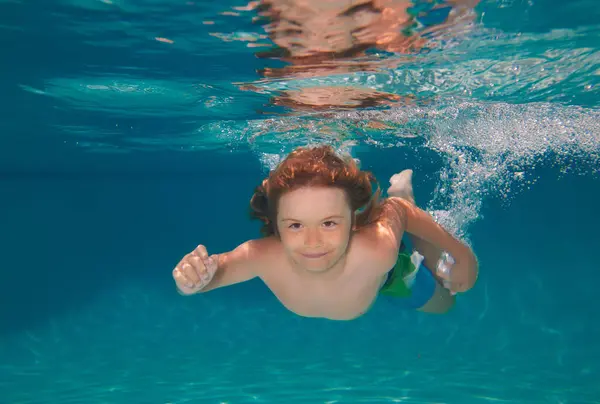 Young Boy Swim Dive Underwater Water Portrait Swim Pool Child Fotos De Bancos De Imagens
