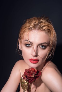 Rose 'u tutan genç kadın. Yüzünde kırmızı gül olan güzel kız. Stüdyo çekimi. Romantik seksi kadın. Doğum günü ya da Sevgililer Günü için çiçekler, siyah stüdyo geçmişi