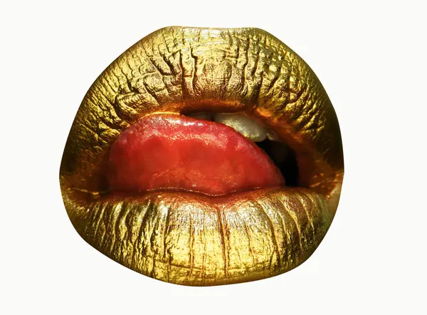 Sexy Holčičí Zlaté Rty Zlatá Ústa Zářící Zlatý Make Glitter — Stock fotografie