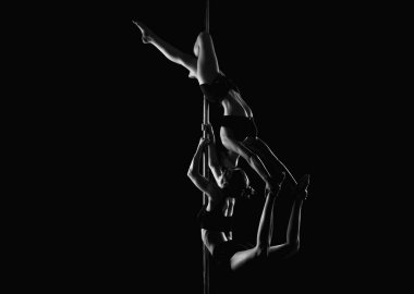 Pylon 'da dans eden iki kadın. İki kız, dans stüdyosunda direkte poz veren profesyonel dansçılar. Pylon 'da dans gösterisi. Kızlar Pylon 'da dans eder. Striptizci kız. Striptiz dansı