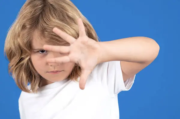 Close Portrait Child Making Stop Gesture Isolated Blue Background Kid — Stockfoto