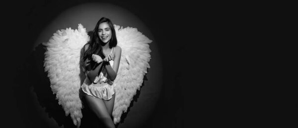 Valentine sensual angel girl. Sexy woman with wings isolated. Romantic young beauty as an angel. Angel with gift. Angel girl. Banner flyer template for advertising for header design