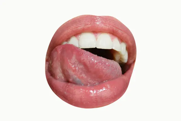性感的舔唇 张开的嘴与红色的女性嘴唇和舌头图标 与白种人隔离 — 图库照片