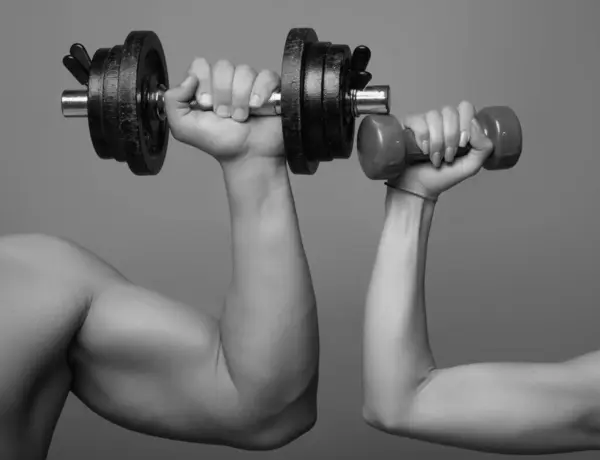 Male Female Hands Dumbbells Close Training Muscles Female Male Hand — Stock Photo, Image