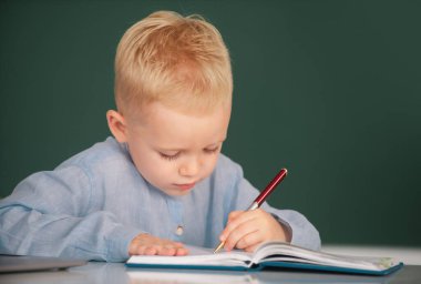 Little schoolboy study in a classroom at elementary school. Kid writing in notebook in class. Education and kids knowledge concept
