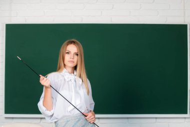 İşaretçi ile genç öğretmen. Lise öğrencisi sınıfta İngilizce veya matematik öğreniyor