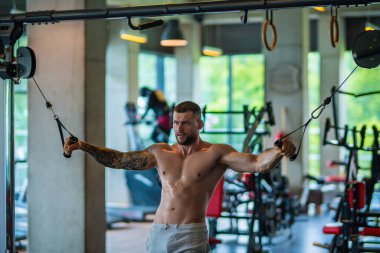 Kas yığını adam spor salonunda dambıllarla antrenman yapıyor. Spor salonunda poz veren kaslı yakışıklı bir adam. Kas sporcusu dambılı kaldırıyor. Spor kulübünde esneme, spor egzersizleri.