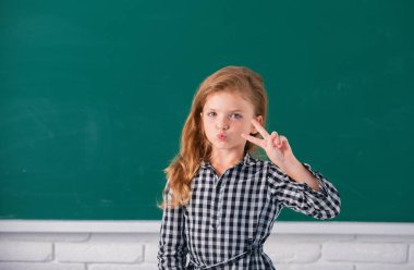 Okuldaki komik çocuk. Çocuk sınıfta tahtayla ilgili bir şeyler öğreniyor. Çocukların eğitimi ve bilgisi. Öğrenci çocukları