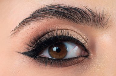 Kaş şekillendirme. Kadının kaş makyajı yaptırmasına yakın çekim. Kaşlarını tarama makrosu. Mükemmel bir kaş şekli, kahverengi göz farı ve uzun kirpikleri. Güzel kaşlı kız.