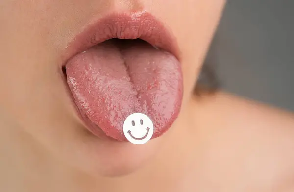 stock image Drug addiction. Tongue with drugs. LSD Psychedelic hallucinogens