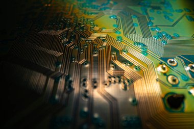 Technology background. High tech electronic circuit board background. Close-up macro electronic circuit board, technology chips to the motherboard. Electronic technology, digital chip. Tech background clipart