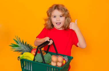 Alışveriş sepetli çocuk. Stüdyo izole edilmiş şirin çocuk portresi. Alışveriş arabasını marketle birlikte tut.