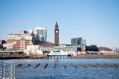 New York 'ta. Manhattan şehir merkezindeki gökdelenler. New York City silueti, ABD 'de Manhattan şehri.