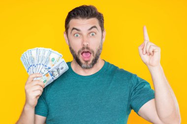 Para nakit, dolar banknotları konsepti. Elinde bir deste para tutan adamın portresi. Dolar, kredi, internet bankacılığı. Dolar banknotlarını, banka kredisini, mali tasarrufları gösteren zengin bir adam.