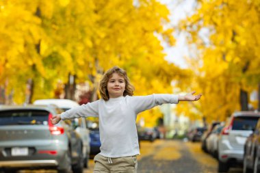 Sonbahar caddesinde yürüyen bir çocuk. Autumn Park 'ın dışındaki güzel çocuk. Çocukluk, sonbahar ve eğlence. Sonbahar yeşilliği