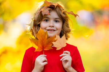 Sonbahar parkında düşen yapraklarla oynayan sevimli bir çocuk.