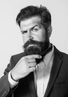 Sakallı adam sakal tarıyor. Uzun sakalını tarakla şekillendiren genç bir adamın yakın çekimi. Sakallı. Sakallı, sakallı, eşcinsel. Bıyıklı adamlar