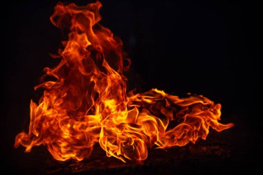 Siyah arka planda yangın alevleri. Ateş, izole edilmiş, soyut bir yapı. Yanan ateşle yanan efekt