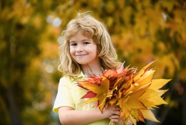 Mutlu çocuk, sonbahar parkında doğayla iç içe oynuyor.