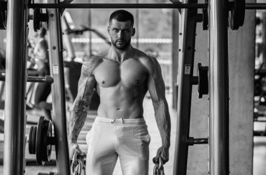 Muscular man workout in the gym. Athletic man having weight training in gym. Handsome man with strong muscles workout in the gym. Portrait of sexy muscular male with dumbbells. Bodybuilder exercise