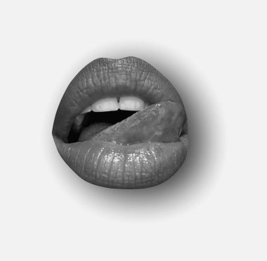 Lips on white isolated background, clipping path. Mouth with red lip, close up. Sexy tongue licking sensual lips