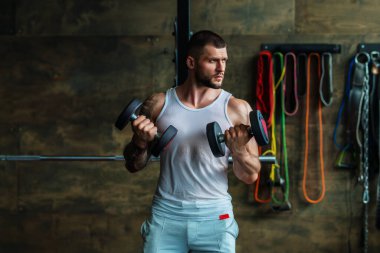 Muscular men lifting weights. Powerful male fit model doing workout in gym. Man lifting dumbells, strong athletic fit man doing exercises with dumbbells. Weightlifting workout. Fitness workout