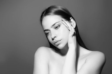 Beauty woman face, natural healthy skin. Beauty salon, skincare. Skin care. Body care. Hair removal. Beautiful young woman with clean fresh skin on beauty face. Girl facial treatment. Cosmetology spa