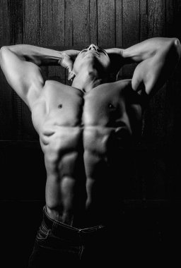 Seksi model vücut, çıplak gövde. Güçlü bir adam, baştan çıkarıcı bir eşcinsel. Kaslı, üstsüz, çekici bir adam. Üstsüz model. Stüdyoda çıplak eşcinsel pozu. Adam seksi görünüyor. Atletik kaslar