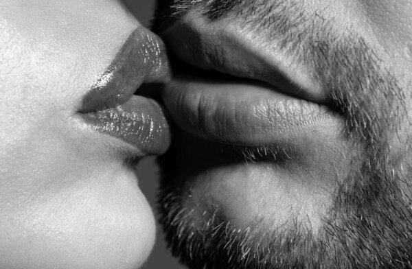 Sexy couple kiss lips. Satisfied and enjoying romantic moment. Passionate horny lovers kissing and feeling pleasure