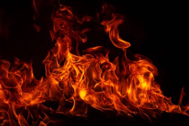 Siyah arka planda yangın alevleri. Ateş, izole edilmiş, soyut bir yapı. Yanan ateşle yanan efekt