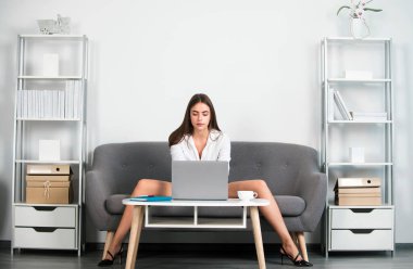 Seksi bacaklı baştan çıkarıcı sekreter ofiste kanepede oturur. Seksi iş kadını ya da dizüstü bilgisayarlı sekreter beyaz takım elbiseli ve dekolte koltukta oturuyor. Şehvetli kız çalışan.