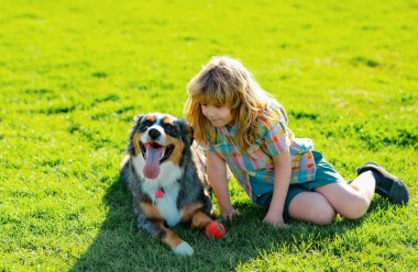 Mutlu çocuk yeşil çim tarlasında köpekle oynuyor. Yavru köpeği olan çocuk.