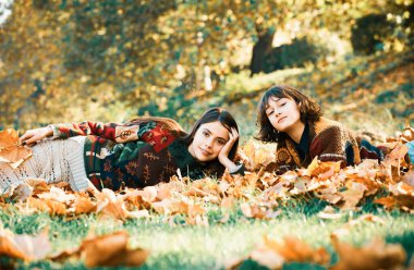 Sonbahar parkında sarı yapraklarda yatan güzel kızlar. Yaprakların üzerinde yatan kızlar. Kız arkadaşlar düşünceli bir şekilde gülümser. Sonbahar parkındaki sevimli genç öğrenciler.